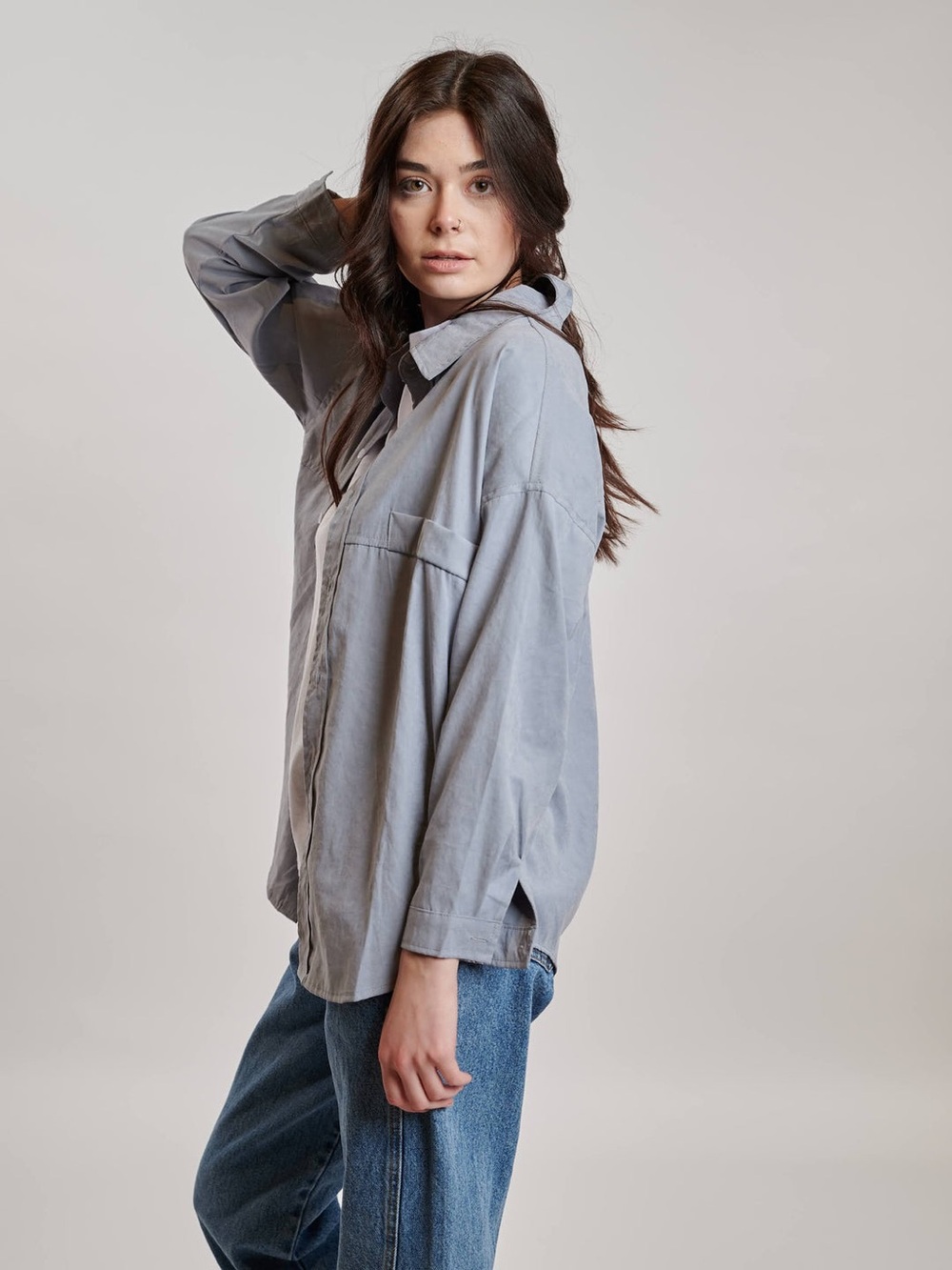 Little Mountain Light Gray/Blue Oversized Button-Down Overshirt S